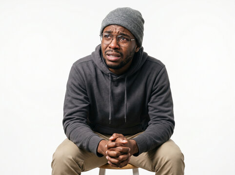 Distressed young African American man in casual clothing looking upwards while experiencing emotional turmoil and illustrating the mental health concept of schizophrenia. on white background.
