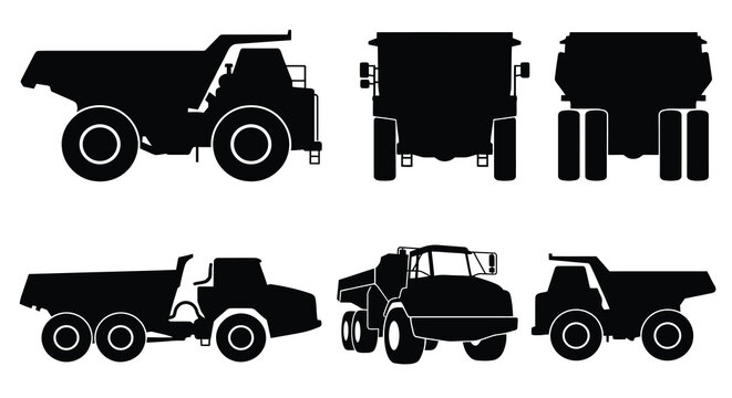 Dump Truck Silhouettes In Various Views Black And White Silhouette