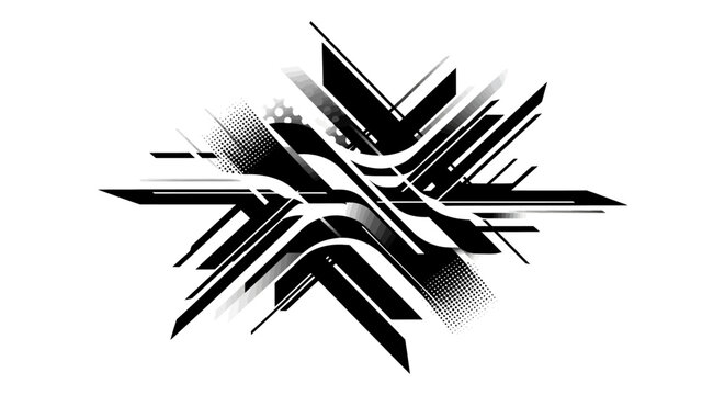A dynamic abstract illustration features sharp black and white geometric shapes intersecting.