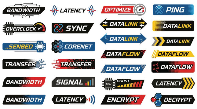Collection of futuristic digital technology and network interface banners with diverse technical terms and symbols