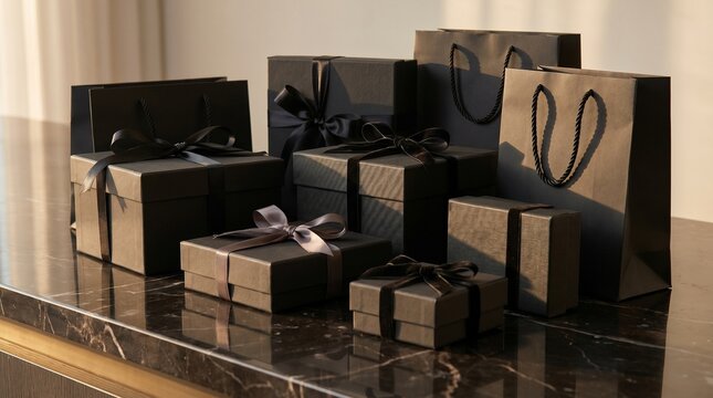 Elegant assortment of premium black gift boxes and shopping bags on lu