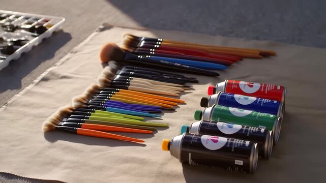 Assorted paintbrushes and paint tubes arranged on soft cloth in warm natural light