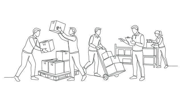 continuous line drawing Warehouse workers loading boxes on pallets.