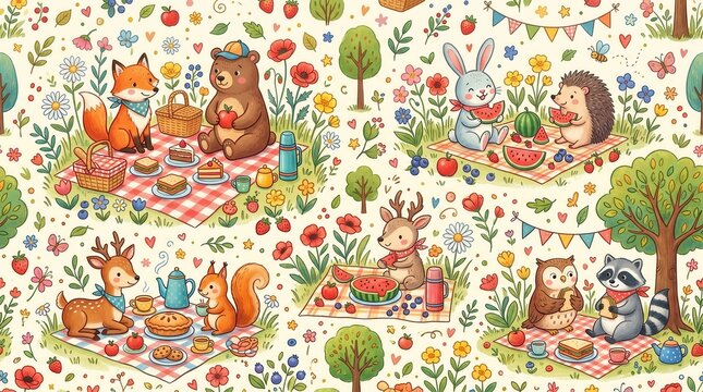 Forest animals picnic on checkered blankets, eating sweet treats and fruits on a sunny day