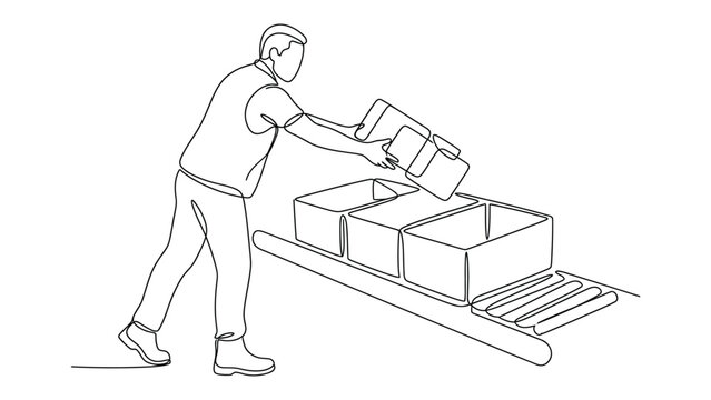 continuous line drawing Man pushing boxes on a dolly.