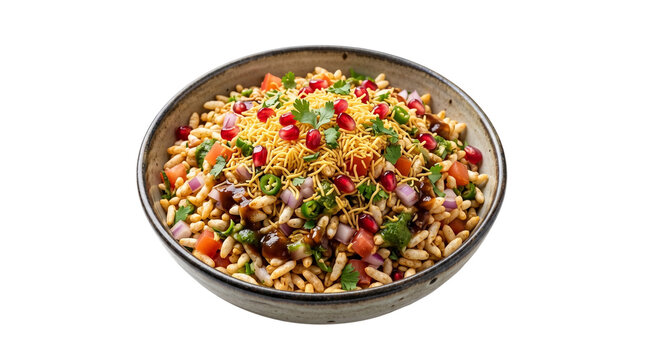 Traditional Indian Bhel Puri snack in ceramic bowl, spicy puffed rice chaat with pomegranate and sev, authentic Mumbai street food appetizer isolated PNG with Transparent Background