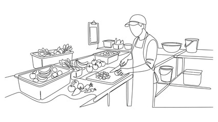 Obraz premium continuous line drawing A chef preparing food in kitchen.