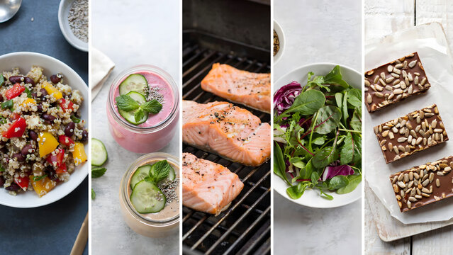 Healthy food collage with salad grilled fish smoothie and snack bars