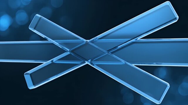 Abstract intersecting glass beams with blue bokeh background.