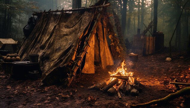 Rustic bushcraft survival scene, canvas lean-to shelter beside a glowing campfire in a misty forest clearing with cookware and wood gear.