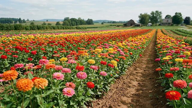 Colorful flower field with blooming zinnias in vibrant shades of orange red yellow and pink on a sunny day