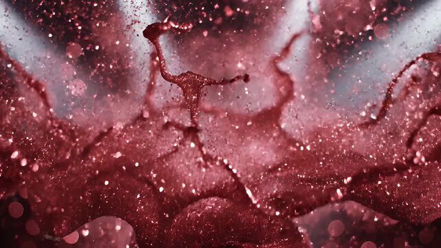 A close-up, abstract view of shimmering red glitter splashing.