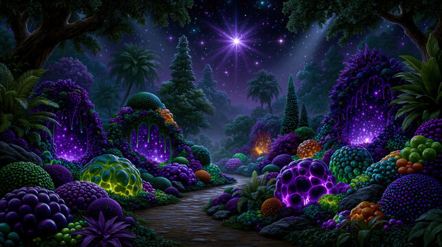 Dreamlike psychedelic forest path at night with glowing crystal cave and luminous orb