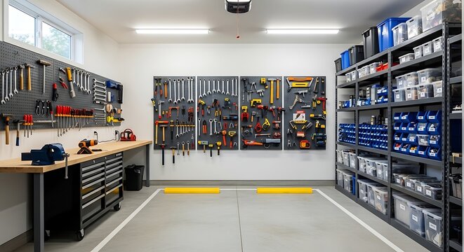 Neat and organized home garage workshop with tools on pegboards
