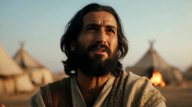 Moses interceding for the people in the desert. Biblical prophet praying with raised hands at sunset. Old Testament intercession scene