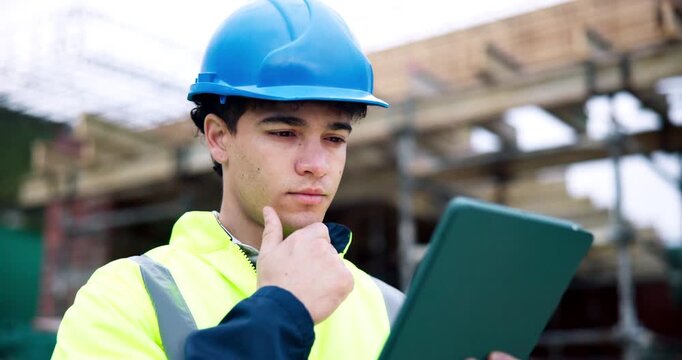 Man, thinking or scroll on construction site with tablet, quantity surveyor and reading finance report. Cost manager, person and infrastructure outdoor with tech, building project or review expenses.