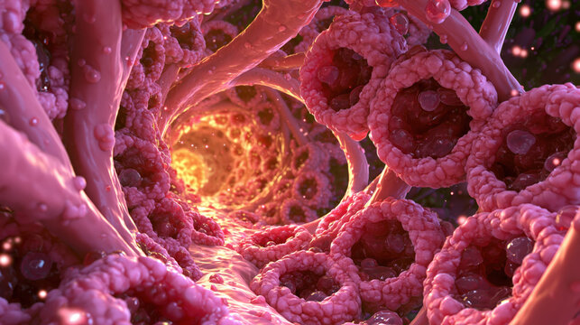 Whimsical microscopic bronchiectasis airway interior pink diseased lung tissue glowing airway tunnel medical illustration respiratory disease inflamed bronchus damaged airway mucus cavity abnormal
