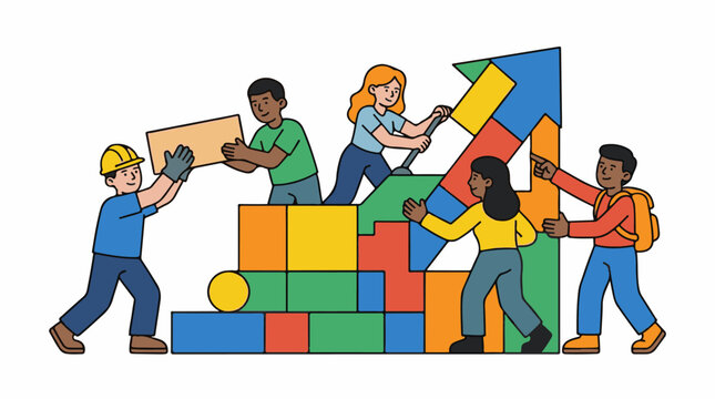 A colorful illustration of five people building a large arrow out of blocks