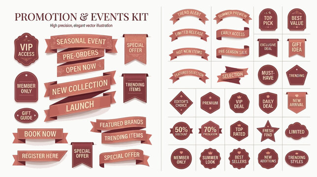 Promotional and Event Marketing Kit with Collection of Vector Ribbons, Banners, and Badges for Business Sales and Special Offers