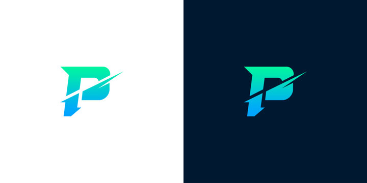 Modern dynamic letter P logo design icon set with slash effect and blue green gradient color