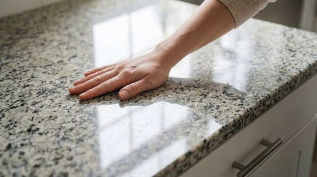 Hand touching clean polished granite kitchen countertop, close up, glossy surface, hygiene, modern home, cleanliness, day.