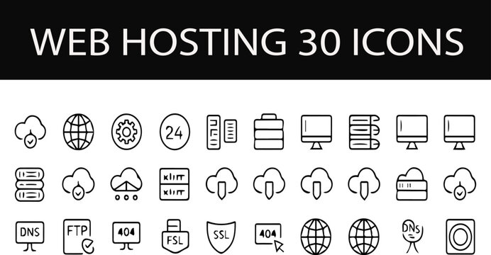 Web Hosting Icons: A collection of 30 diverse line icons representing various web hosting services and technologies, perfect for digital design and web development.