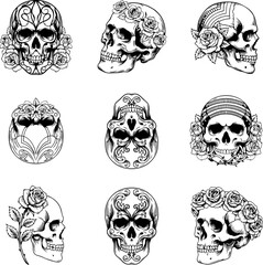 Obraz premium Intricate skull illustrations with floral accents in detailed line art style for creative projects