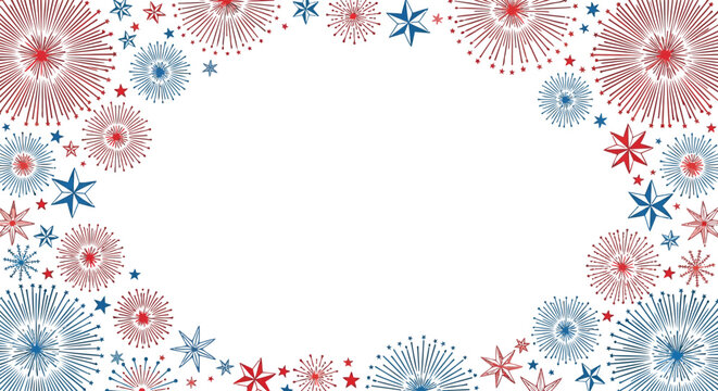 Patriotic fireworks and large star border frame design with red and blue festive elements for Fourth of July invitation backgrounds