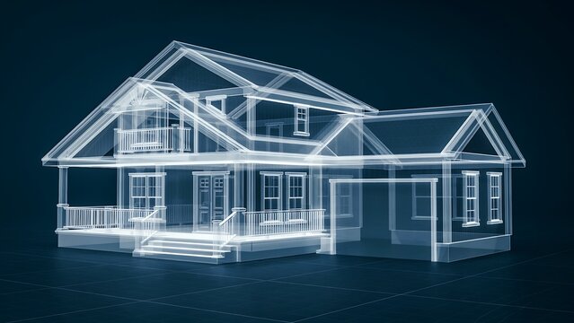 Blueprint of a Modern Home: A detailed wireframe blueprint of a two-story house, showcasing its architectural design and structure with clean, glowing lines against a dark, digital background.