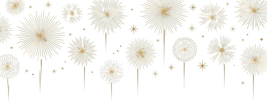 Minimalist gold firework line art border isolated on white background for festive seasonal holiday celebration