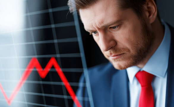 Businessman in suit studies falling red chart with serious face, reflecting financial loss and market decline