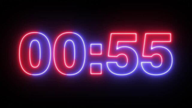 red blue neon 1 minute countdown timer glowing digital clock 60 seconds overlay