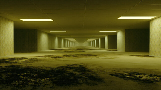 Abandoned empty corridor with yellow fluorescent light, dark stain carpet, endless perspective, eerie interior, cinematic horror film still grounded realistic production dfa d dcc gigapixel
