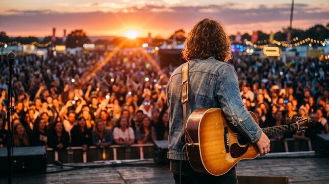 Male musician with acoustic guitar performing on outdoor stage for a large festival crowd during golden hour sunset