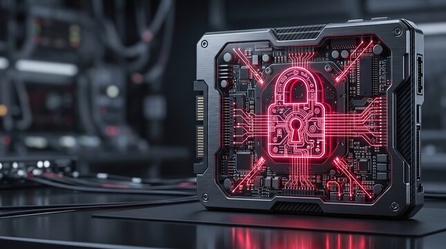 Premium quantum cryptographic security drive with neon lock patterns 3D illustration with copy space