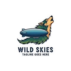 Creative mascot logo combining a howling wolf with an airship, perfect for travel, adventure, or aviation businesses seeking a bold identity. © Baskhaa
