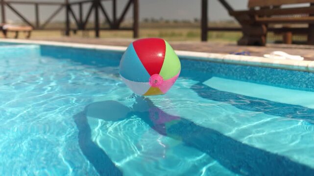 An inflatable ball floats on a blue pool with clear water under the summer sun