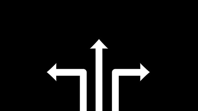 white Three-Way Arrow Animation Loop: Animated Directional Pointers on White Background, Business Choice and Decision Concept, 2D Graphic for Strategic Growth, Success Path, and Navigation Transitions