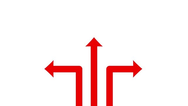 red Three-Way Arrow Animation Loop: Animated Directional Pointers on White Background, Business Choice and Decision Concept, 2D Graphic for Strategic Growth, Success Path, and Navigation Transitions