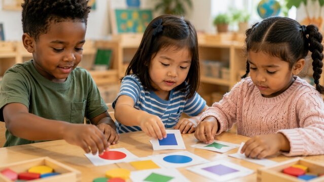 Multicultural classroom scene featuring three children, a Black boy, an Asian girl, and a Hispanic girl, engaged in a color sorting activity with geometric shapes on a wooden table