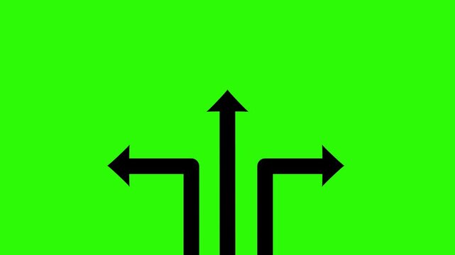 black Three-Way Arrow Animation Loop: Animated Directional Pointers on White Background, Business Choice and Decision Concept, 2D Graphic for Strategic Growth, Success Path, and Navigation Transitions