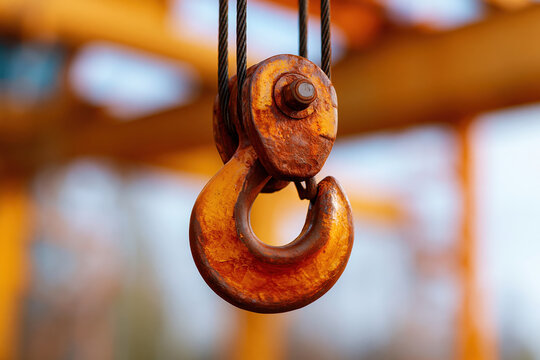 Crane hook closeup rusted metal industrial equipment lifting hook steel cable construction site heavy machinery hoist hook orange metal blurred background