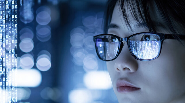 Young Chinese female data scientist close up rack focus computer glasses digital code blue light serious face technology data analysis laboratory