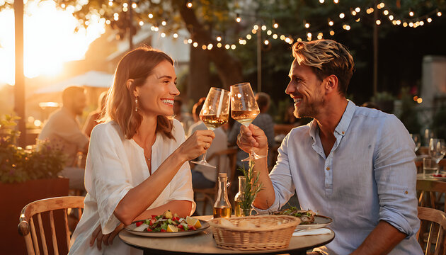 Couple Enjoying Romantic Dinner at Outdoor Al Fresco Restaurant Summer Evening