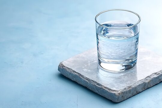 Clear Water Glass Sitting on a Stone Slab Against a Light Blue Background with Water Reflection