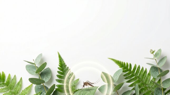 Natural mosquito repellent concept with insect on green leaves and protective ring shield on white background with copy space
