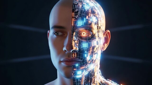 Humanoid Robot A striking visual representation of a humanoid robot half human and half advanced machinery exploring the intersection of humanity and artificial intelligence