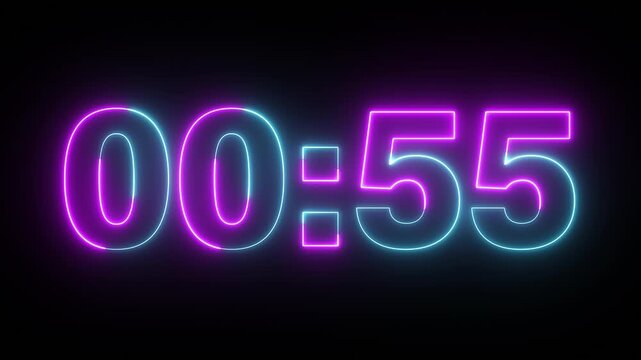 purple cyan neon 1 minute countdown timer glowing digital clock 60 seconds overlay