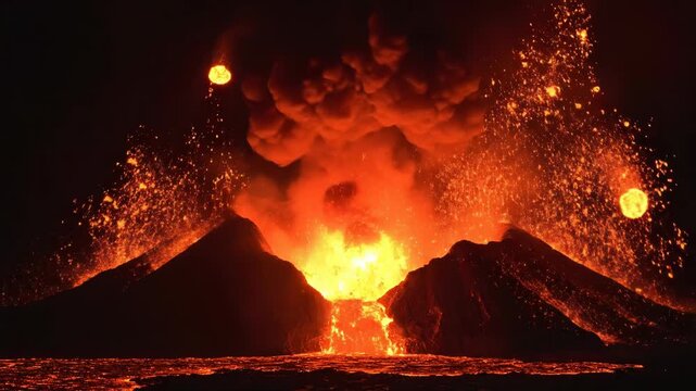 Powerful volcanic eruption at night with glowing lava particles being ejected into the dark sky, molten rock flowing down the crater, and thick ash clouds rising above the summit.