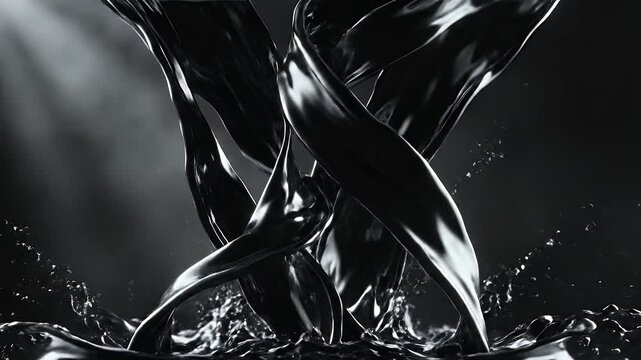 A fluid, amorphous mass of black, viscous liquid hangs suspended in dark, smoky space.